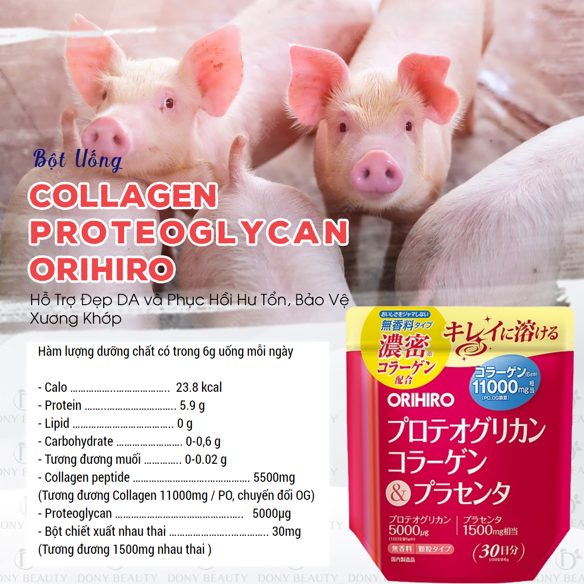 Bột Collagen Proteoglycan Nhau Thai Heo 11000mg Orihiro 180g