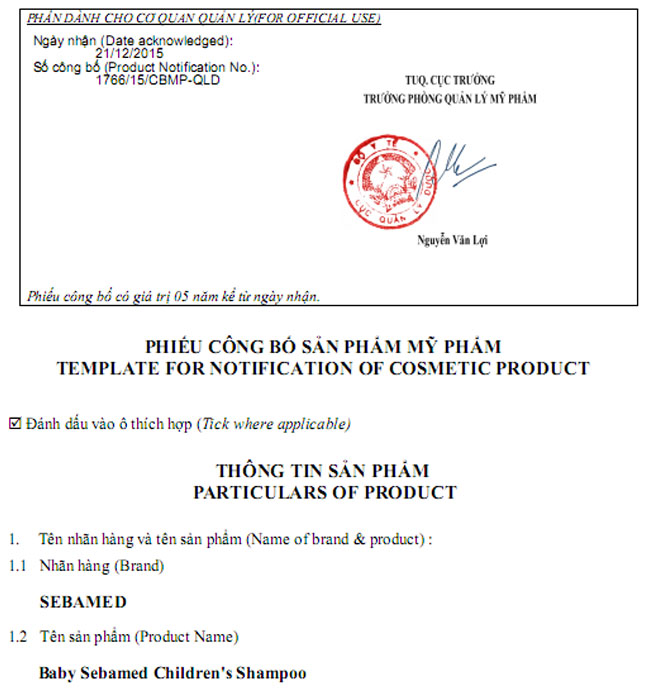 Dầu gội trẻ em Sebamed được Bộ y tế cấp phép lưu hành trên toàn quốc